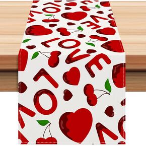Valentine's Day Love Heart Table Runner Valentine Red Heart Cherry Table Runner Table Decoration for Valentine's Day Birthday Mother's Day Party Home Decoration Supply 13x72 Inches