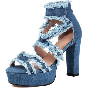 Bapolee Women's Open Toe Denim High Heeled Sandals Fashion Comfortable Ankle Strap Stiletto Shoes