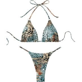 Women's 2 Piece Animal Print Bikini Sets Halter Tie String Swimsuits High Cut Sexy Bathing Suits