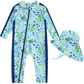UNIFACO Baby Boy Swimsuit UPF 50+ Sun Protection One Piece Zip Bathing Suit with Sun Hat Infant Sunsuit Swimwear