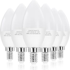 E12 LED Candelabra Bulbs, 60W Equivalent E12 Light Bulbs, C37 Candle Base Chandelier Light Bulbs, Daylight 4000K, Non-Dimmable, Pack of 6