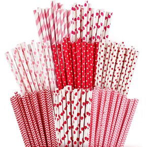 Boao 200 Pieces Valentines Straws Valentines Paper Straws Heart Drinking Straws Heart Striped Paper Straws Decorative Holiday Straws for Valentine's Day Wedding Party Supplies, 8 Styles