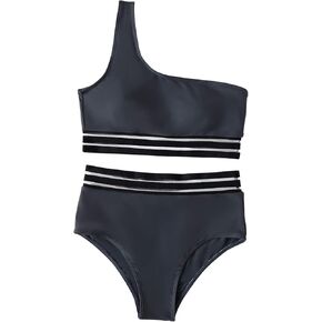 SweatyRocks Women's 2 Pieces Mesh Stripe One Shoulder Top with High Waist Bikini Set