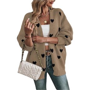 Women's Open Front Heart Print Cardigan Sweater Shawl Collar Long Sleeve Drop Shoulder Sweaters Knit Tops