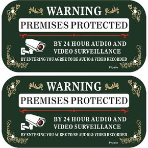 2 Pack Premises Protected by 24 Audio and Video Surveillance Sign, 12 x 6 inch Rust Free Aluminum Surveillance Sign, Weather Resistant, Waterproof, Durable Ink, Easy to Install