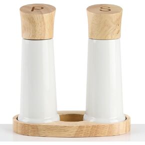 Tessie & Jessie Wooden Salt and Pepper Grinder Set with a Wood Tray, Premium Beach Wood, Elegant Refillable Salt Pepper Mill, Salt & Pepper Shakers for Seasoning, Stylish Gift Set (6"+6")