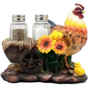 Ebros Gift Country Farm Mother Hen With Chicks Glass Salt Pepper Shakers Holder Figurine Chicken By Sunflowers & Vintage Hay Wagon Decorative Sculpture