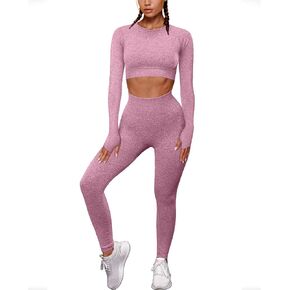 OYS Women's 2 Piece Tracksuit Workout Outfits Seamless High Waist Leggings Sports Long Sleeve Gym Sets Fuchsia