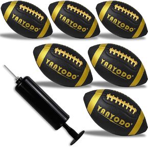 6 Pack Football Size 6 Junior Sized Ball with Textured Grip for Kids Youth Practice, Match and Scrimmage Play Indoors & Outdoors All Weather Use with Pump(Black+Gold)