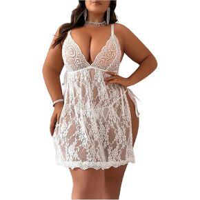 WDIRARA Women's Plus Size See Through Lace Cami Bikini and Knot Side G-String Set