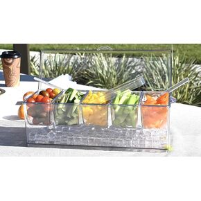 Ice Chilled Condiment Serving Caddy Dish with 5 Compartments; Divided Serving Tray with Lid for Party; Bonus 3 Serving Spoons and 2 Tongs; Bar Accessories, Appetizers, Salad Bar Buffet Station