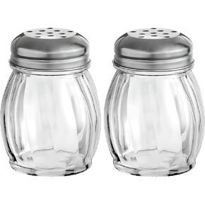 OCS Parts 3.5-Inch Glass Shakers with Chrome Plated Perforated Lids | 2-Pack | Grated Cheese, Chili and Red Pepper Shakers for Home Kitchens, Delis, Restauarants, and Pizza Parlors