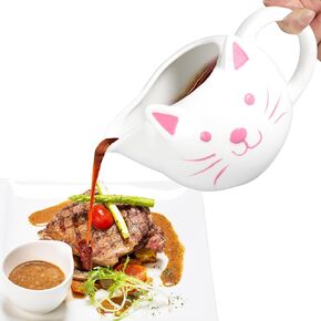 Ceramic Gravy Boat, 11oz/300ml Cute Cat Sauce Jug with Smooth Handle - Perfect for Salad Dressing, Broth, Cream, Milk - Unique Artwork for Your Kitchen
