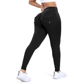 Women Butt Lifting Workout Cargo Leggings Scrunch Booty Tummy Control Yoga Pants with Flap Pockets Black L
