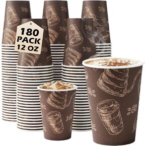 12 oz Coffee Cups 180 Pack, Paper Cups 12 oz Disposable Coffee Cups Thickened Paper Coffee Cups, Brown Paper Cups Hot/Cold Cups for Office, Home, Party