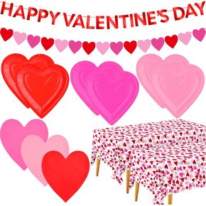 Valentine's Day Party Supplies Set for 48 Guests - Romantic Heart-Shaped Disposable Plates & Napkins with Love-Themed Plastic Tablecloth & Banner - Valentines Day Party Decorations