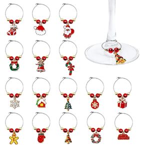 16 Pcs Christmas Wine Charms Christmas Wine Glass Markers Holiday Drink Identifier for Stem Glasses, Wine Drinker Gift for Wine Tasting Party Favors Family Gathering