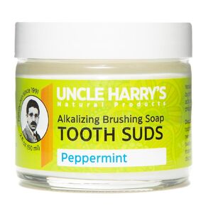 Uncle Harry’s Natural Products Alkalizing Nonabrasive Brushing Soap Tooth Suds, Peppermint, Remineralizes Tooth Enamel and Promotes Alkaline pH, Fluoride Free and Vegan, 2 Ounce Glass Jar
