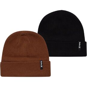 Hurley Men's Brigade Beanie Set - 2 Pack Double Layered Flat Knit Beanies for Men - Men's Soft Cuffed Winter Beanie Hats