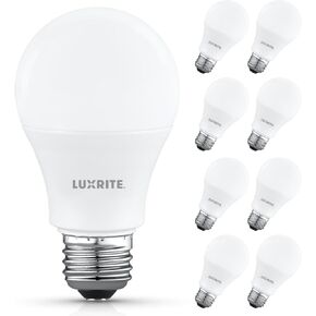 Luxrite A19 مصباح LED LED 60 واط مكافئ ، غير قابلة للوقت ، CRI80 ، 3500K أبيض طبيعي ، 800 لتر ، مصابيح مصباح LED القياسية 8W ، قاعدة E26 ، التثبيت المرفق ، مصنفة رطبة ، ETL مدرجة (8 حزمة) in Kuwait