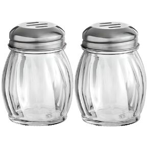 OCS Parts 3.5-Inch Glass Shakers with Chrome Plated Slotted Lids | 2-Pack | Grated Cheese, Chili and Red Pepper Shaker for Home Kitchens, Delis, Restauarants, and Pizza Parlors
