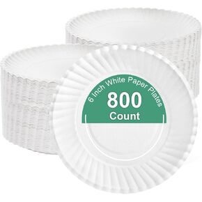 Hacaroa 800 Pack 6 Inch Paper Plates Uncoated, Disposable Dessert Plates Bulk Cat Food Plates, Small White Cake Plates for Appetizer, Cupcake, Craft Project, Round