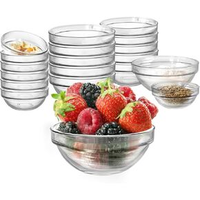 20 pack Mini Glass Prep Pinch Bowls,3.5 Inch(4oz)Clear Small Glass Bowls Set of 12 pack and 2.3 Inch(1oz)8 pack,Glass Serving Bowls Stackable for Kitchen Prep, Dips ,Cooking Toppings,Condiments.