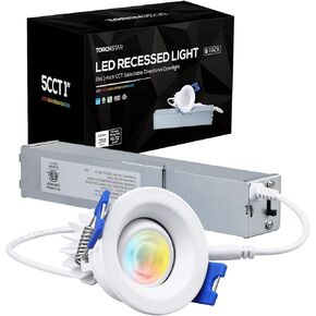 TORCHSTAR 5CCT 1 Inch Gimbal LED Recessed Light with J Box, Anti-Glare Deep Smooth Trim, 6W CRI90 Dimmable Swivel Adjustable Eyeball Downlight, 27003000350040005000K Selectable, ETL & ES, Pack of 6