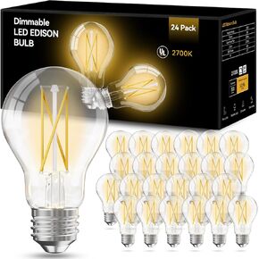 VOLIVO 24 Pack Vintage LED Bulbs, A19 Dimmable Light, 2700K Warm White, 60W Equivalent, CRI 80+, Clear Glass Filament, 7W, E26 Standard Base, Classic Edison Antique Style for Home