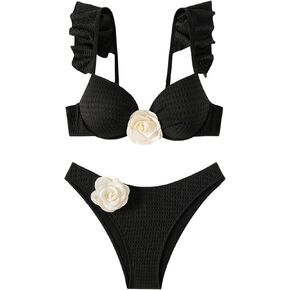 SHENHE Women's Push Up Swimsuit 3D Flower High Cut Ruffle Trim Textured Bikini Set