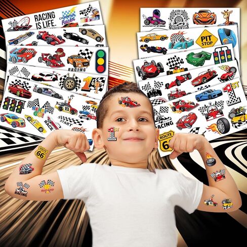 110 PCS Race Car Temporary Tattoos Sticker Racing Pit Crew Checkered Flag Race Car Birthday Party Decorations Favors Supplies Gifts Boys Girls Cute Fake Tattoo School Prizes Carnival Theme in Saudi Arabia