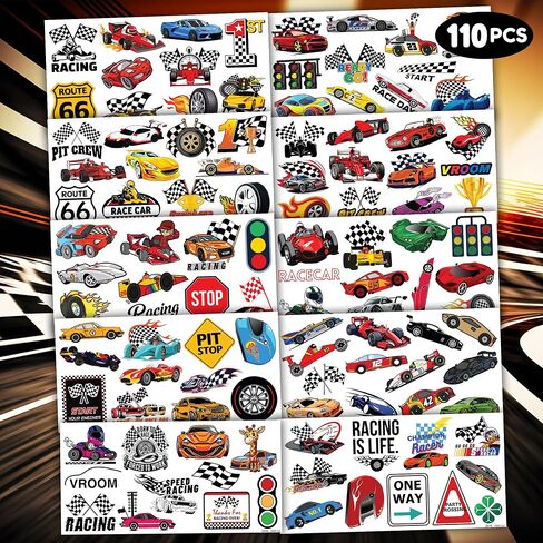 110 PCS Race Car Temporary Tattoos Sticker Racing Pit Crew Checkered Flag Race Car Birthday Party Decorations Favors Supplies Gifts Boys Girls Cute Fake Tattoo School Prizes Carnival Theme in Saudi Arabia