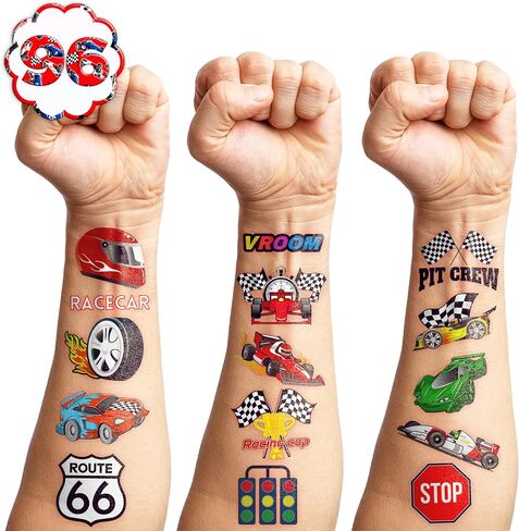 110 PCS Race Car Temporary Tattoos Sticker Racing Pit Crew Checkered Flag Race Car Birthday Party Decorations Favors Supplies Gifts Boys Girls Cute Fake Tattoo School Prizes Carnival Theme in Saudi Arabia