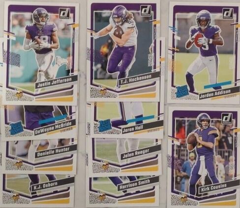 Minnesota Vikings 2023 Donruss Factory Sealed 10 Card Team Team التي تضم بطاقات صاعقة مصنفة Jordan Addison و Dewayne McBride و Jaren Hall Plus Kirk Cousins ​​وغيرها in Saudi Arabia