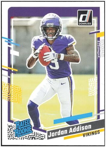 Minnesota Vikings 2023 Donruss Factory Sealed 10 Card Team Team التي تضم بطاقات صاعقة مصنفة Jordan Addison و Dewayne McBride و Jaren Hall Plus Kirk Cousins ​​وغيرها in Saudi Arabia