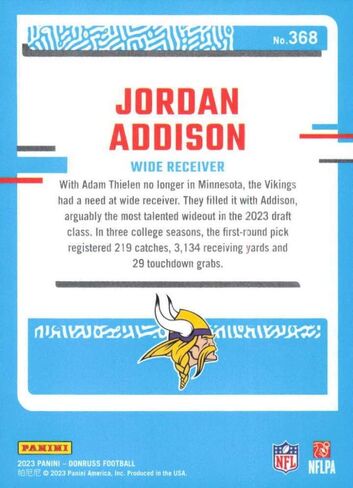Minnesota Vikings 2023 Donruss Factory Sealed 10 Card Team Team التي تضم بطاقات صاعقة مصنفة Jordan Addison و Dewayne McBride و Jaren Hall Plus Kirk Cousins ​​وغيرها in Saudi Arabia