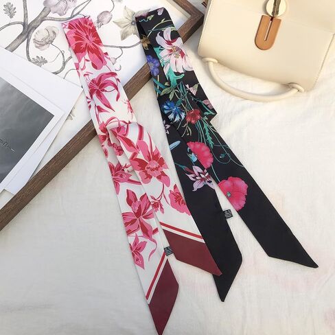 2 Pack Silk Purse Scarf For Handbags Head Hair Ribbon Fashion Skinny Scarf For Women Long Neckerchief in Kuwait
