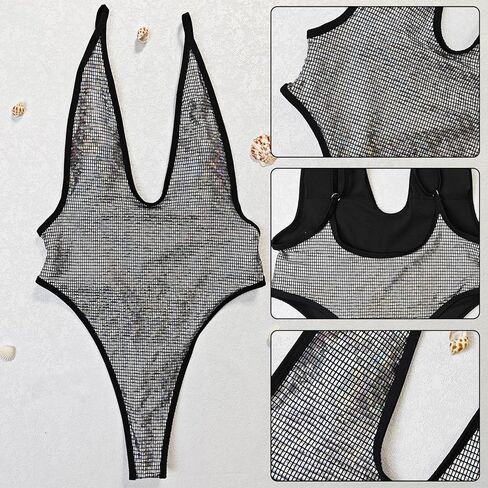 Woimen's One Piece Swimsuit Deep V Metallic Outfit Swimwear Bathing Suits in Kuwait