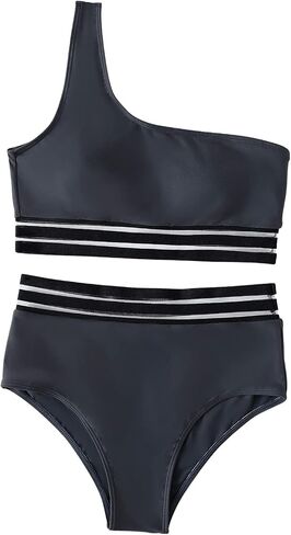SweatyRocks Women's 2 Pieces Mesh Stripe One Shoulder Top with High Waist Bikini Set in Saudi Arabia