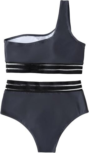 SweatyRocks Women's 2 Pieces Mesh Stripe One Shoulder Top with High Waist Bikini Set in Saudi Arabia