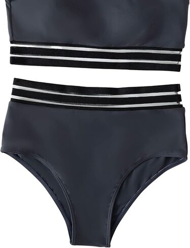 SweatyRocks Women's 2 Pieces Mesh Stripe One Shoulder Top with High Waist Bikini Set in Saudi Arabia