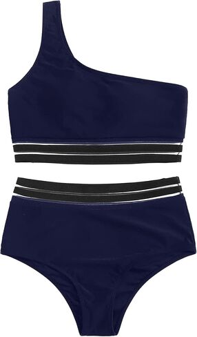 SweatyRocks Women's 2 Pieces Mesh Stripe One Shoulder Top with High Waist Bikini Set in Saudi Arabia