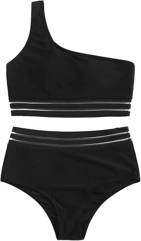 SweatyRocks Women's 2 Pieces Mesh Stripe One Shoulder Top with High Waist Bikini Set in Saudi Arabia