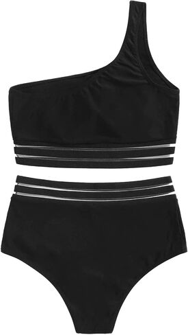 SweatyRocks Women's 2 Pieces Mesh Stripe One Shoulder Top with High Waist Bikini Set in Saudi Arabia