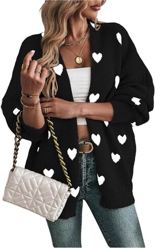 Women's Open Front Heart Print Cardigan Sweater Shawl Collar Long Sleeve Drop Shoulder Sweaters Knit Tops in Saudi Arabia