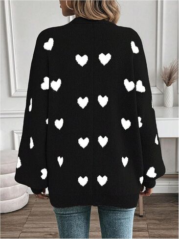 Women's Open Front Heart Print Cardigan Sweater Shawl Collar Long Sleeve Drop Shoulder Sweaters Knit Tops in Saudi Arabia