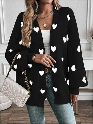 Women's Open Front Heart Print Cardigan Sweater Shawl Collar Long Sleeve Drop Shoulder Sweaters Knit Tops in Saudi Arabia