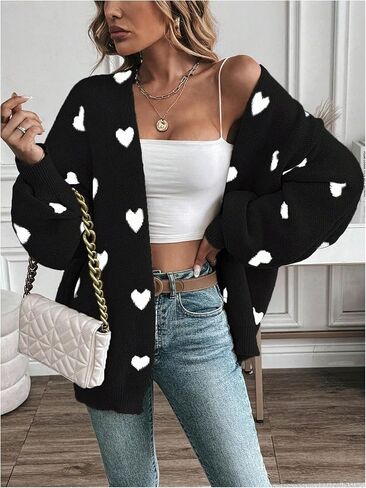Women's Open Front Heart Print Cardigan Sweater Shawl Collar Long Sleeve Drop Shoulder Sweaters Knit Tops in Saudi Arabia