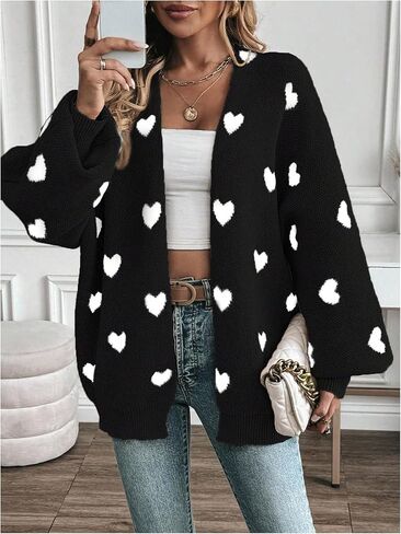 Women's Open Front Heart Print Cardigan Sweater Shawl Collar Long Sleeve Drop Shoulder Sweaters Knit Tops in Saudi Arabia