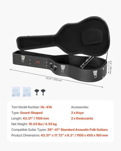 VEVOR Acoustic Guitar Hard Case, 43.31 in Gourd-Shaped Guitar Hard Case, With Lock Latch Key Handle, PVC Padding Soft Lining Water-Resistant Hard Shell Guitar Case, for 39-41 in Acoustic Guitar, Black in Saudi Arabia